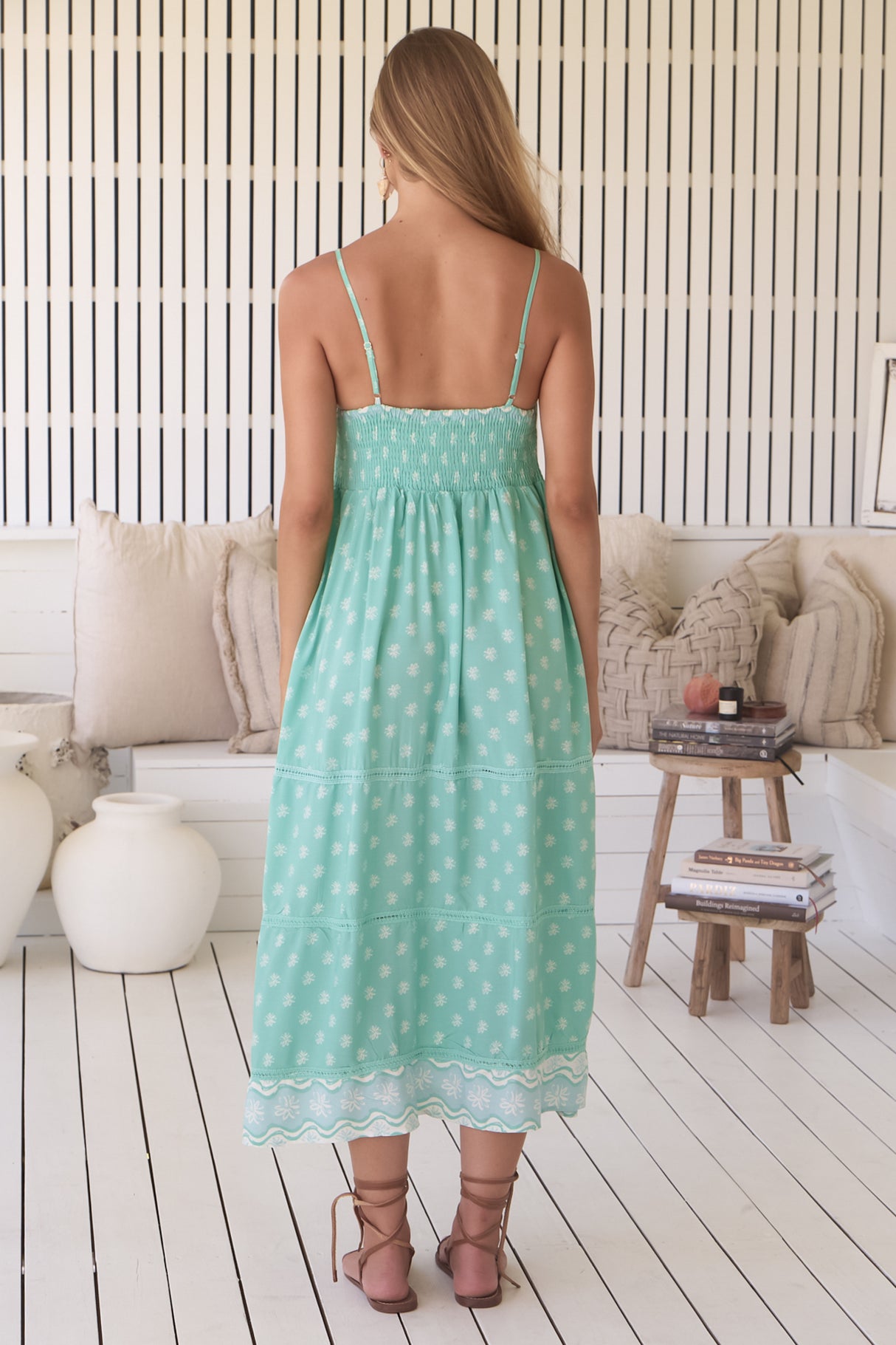 Heidi Midi Dress - Tiered Sun Dress with Crochet Splicing in Sea Foam Print