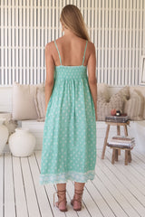 JAASE - Heidi Midi Dress: Tiered Sun Dress with Crochet Splicing in Sea Foam Print