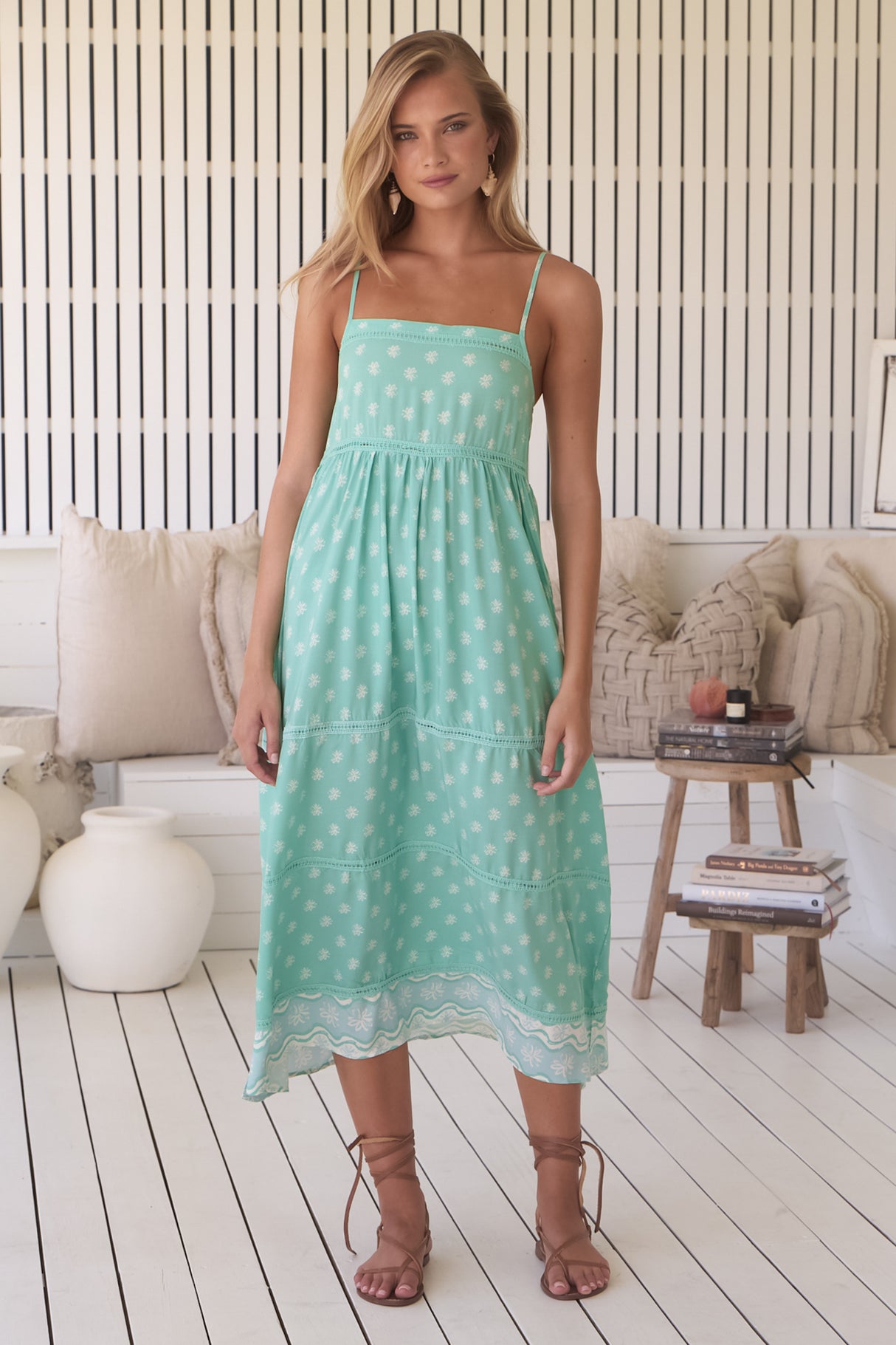 JAASE - Heidi Midi Dress: Tiered Sun Dress with Crochet Splicing in Sea Foam Print