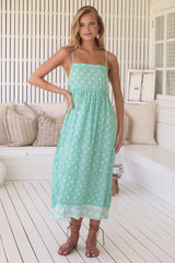 Heidi Midi Dress - Tiered Sun Dress with Crochet Splicing in Sea Foam Print