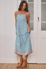 JAASE - Heidi Midi Dress: Tiered Sun Dress with Crochet Splicing in Laguna Fleur Print