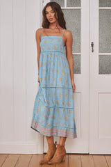 JAASE - Heidi Midi Dress: Tiered Sun Dress with Crochet Splicing in Laguna Fleur Print