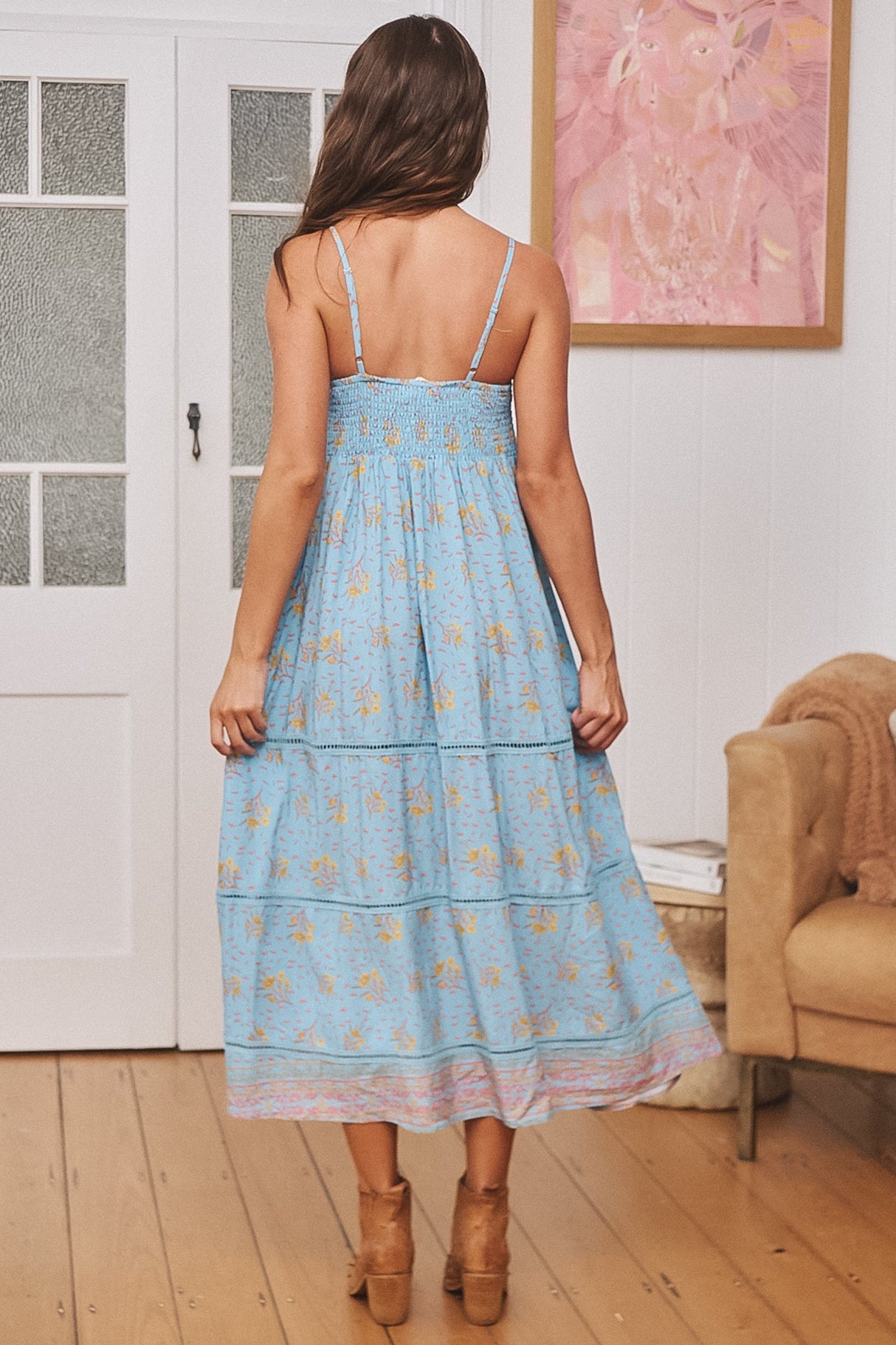 JAASE - Heidi Midi Dress: Tiered Sun Dress with Crochet Splicing in Laguna Fleur Print