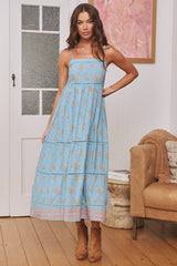 JAASE - Heidi Midi Dress: Tiered Sun Dress with Crochet Splicing in Laguna Fleur Print