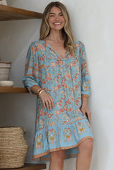 Helda Mini Dress - V-Neck Shift Dress with Balloon Sleeves in Aletta Print Blue