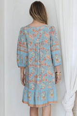Helda Mini Dress - V-Neck Shift Dress with Balloon Sleeves in Aletta Print Blue