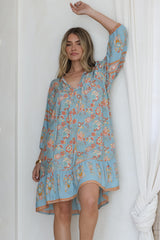 Helda Mini Dress - V-Neck Shift Dress with Balloon Sleeves in Aletta Print Blue