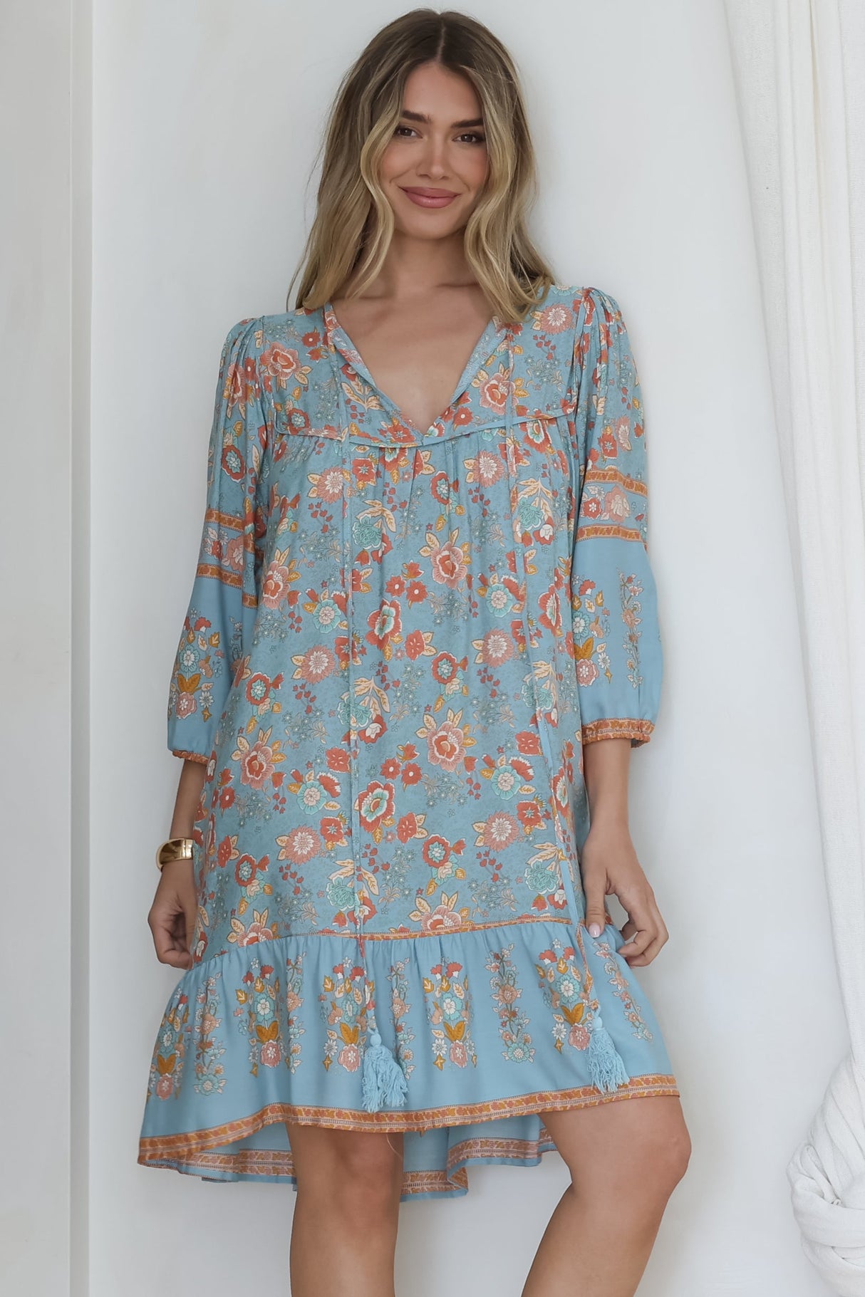 Helda Mini Dress - V-Neck Shift Dress with Balloon Sleeves in Aletta Print Blue
