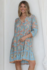 Helda Mini Dress - V-Neck Shift Dress with Balloon Sleeves in Aletta Print Blue