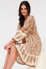Helda Mini Dress - V-Neck Shift Dress with Balloon Sleeves in Aletta Print Brown