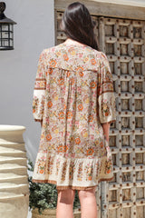 Helda Mini Dress - V-Neck Shift Dress with Balloon Sleeves in Aletta Print Brown