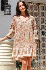 Helda Mini Dress - V-Neck Shift Dress with Balloon Sleeves in Aletta Print Brown