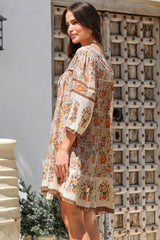 Helda Mini Dress - V-Neck Shift Dress with Balloon Sleeves in Aletta Print Brown