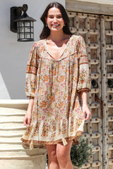 Helda Mini Dress - V-Neck Shift Dress with Balloon Sleeves in Aletta Print Brown