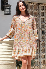 Helda Mini Dress - V-Neck Shift Dress with Balloon Sleeves in Aletta Print Brown