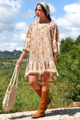 Helda Mini Dress - V-Neck Shift Dress with Balloon Sleeves in Aletta Print Brown