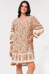 Helda Mini Dress - V-Neck Shift Dress with Balloon Sleeves in Aletta Print Brown