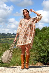 Helda Mini Dress - V-Neck Shift Dress with Balloon Sleeves in Aletta Print Brown