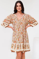 Helda Mini Dress - V-Neck Shift Dress with Balloon Sleeves in Aletta Print Brown