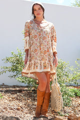 Helda Mini Dress - V-Neck Shift Dress with Balloon Sleeves in Aletta Print Brown