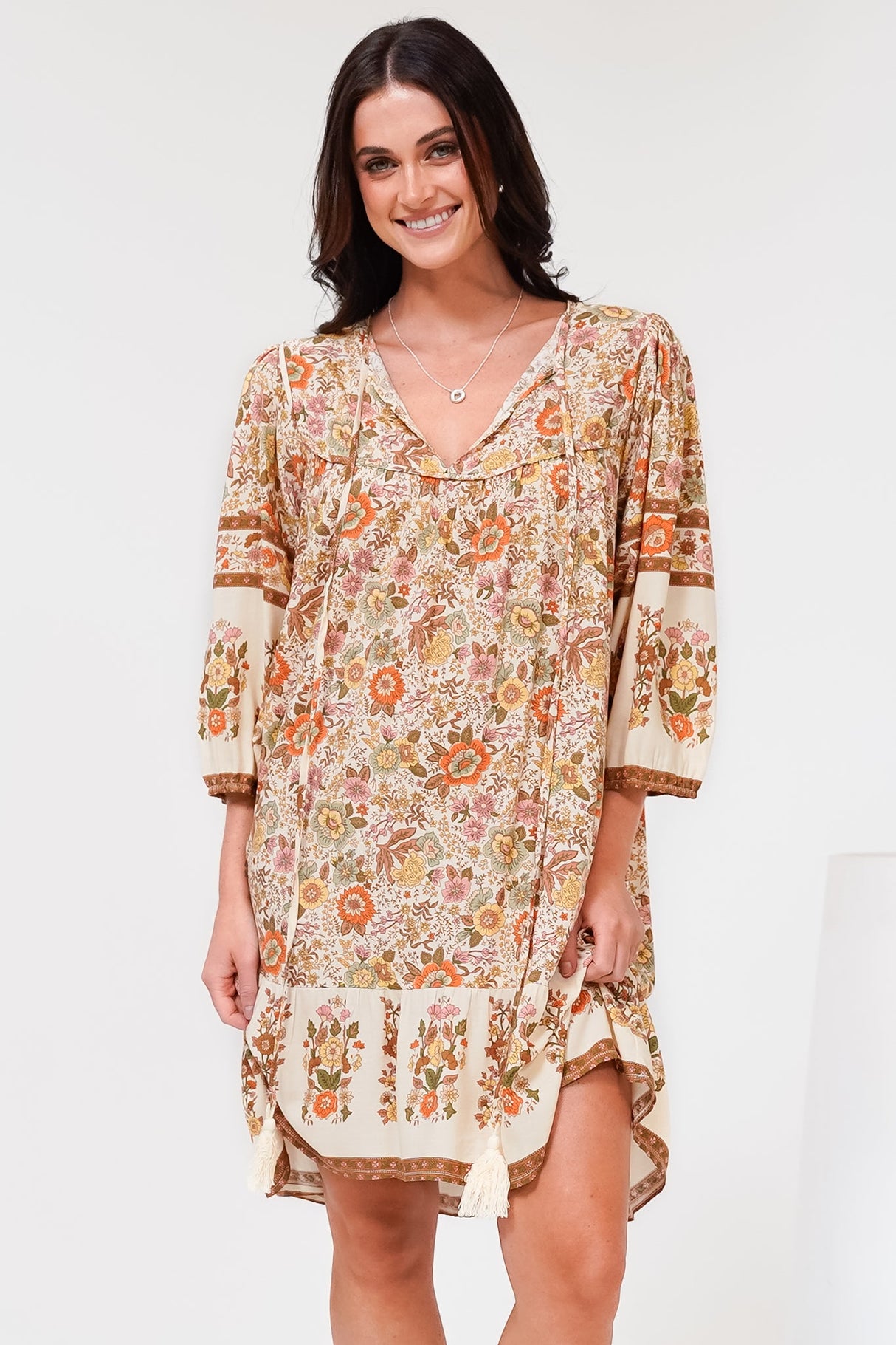 Helda Mini Dress - V-Neck Shift Dress with Balloon Sleeves in Aletta Print Brown