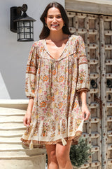 Helda Mini Dress - V-Neck Shift Dress with Balloon Sleeves in Aletta Print Brown