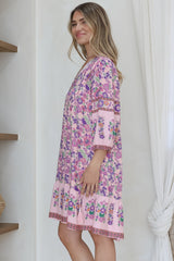Helda Mini Dress - V-Neck Shift Dress with Balloon Sleeves in Aletta Print Pink