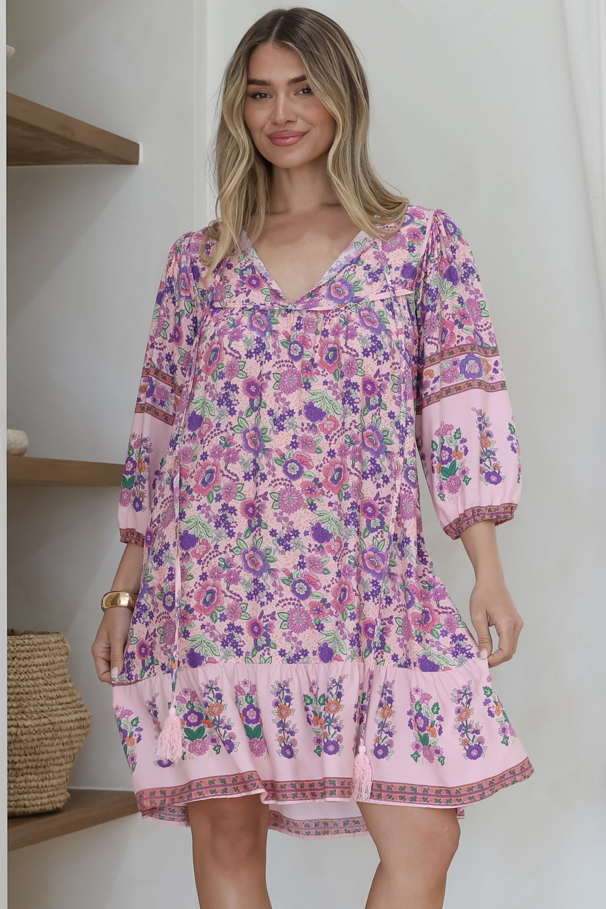 Helda Mini Dress - V-Neck Shift Dress with Balloon Sleeves in Aletta Print Pink