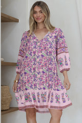 Helda Mini Dress - V-Neck Shift Dress with Balloon Sleeves in Aletta Print Pink