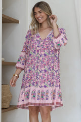 Helda Mini Dress - V-Neck Shift Dress with Balloon Sleeves in Aletta Print Pink