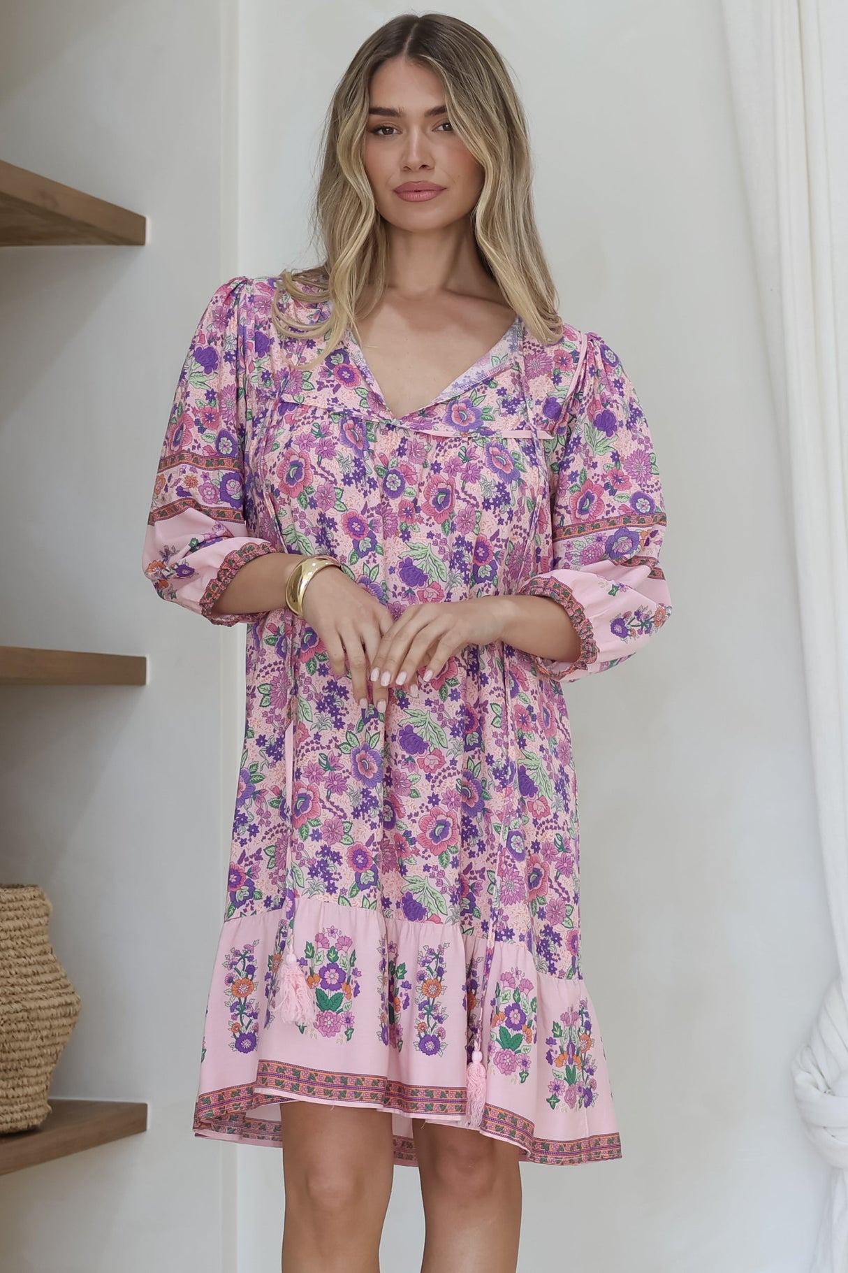 Helda Mini Dress - V-Neck Shift Dress with Balloon Sleeves in Aletta Print Pink