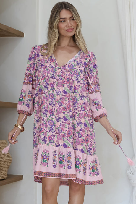 Helda Mini Dress - V-Neck Shift Dress with Balloon Sleeves in Aletta Print Pink