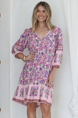 Helda Mini Dress - V-Neck Shift Dress with Balloon Sleeves in Aletta Print Pink