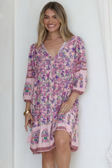 Helda Mini Dress - V-Neck Shift Dress with Balloon Sleeves in Aletta Print Pink