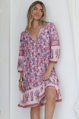 Helda Mini Dress - V-Neck Shift Dress with Balloon Sleeves in Aletta Print Pink