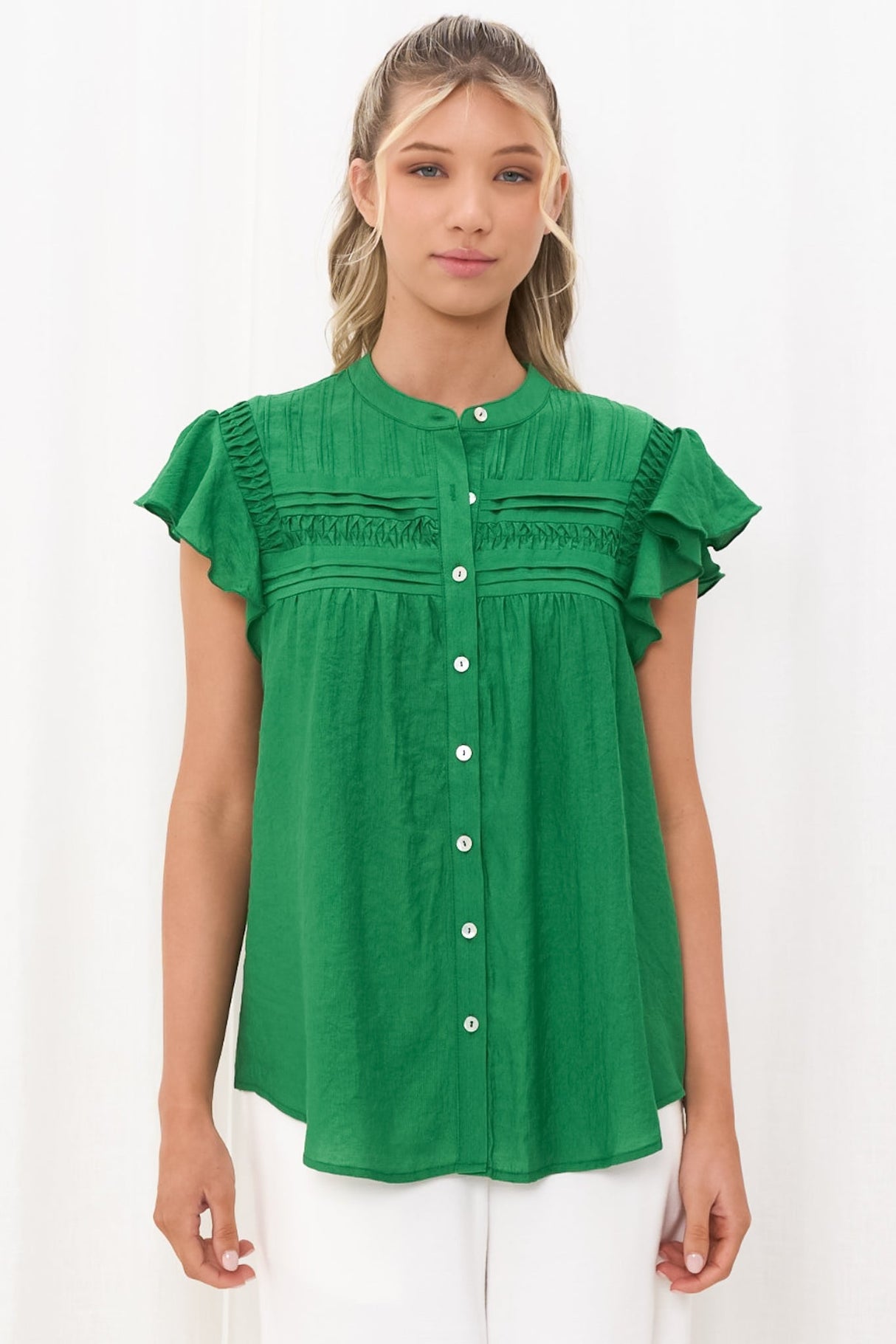 Helen Blouse - Ruffle Cap Sleeve Button Down Shirt in Green