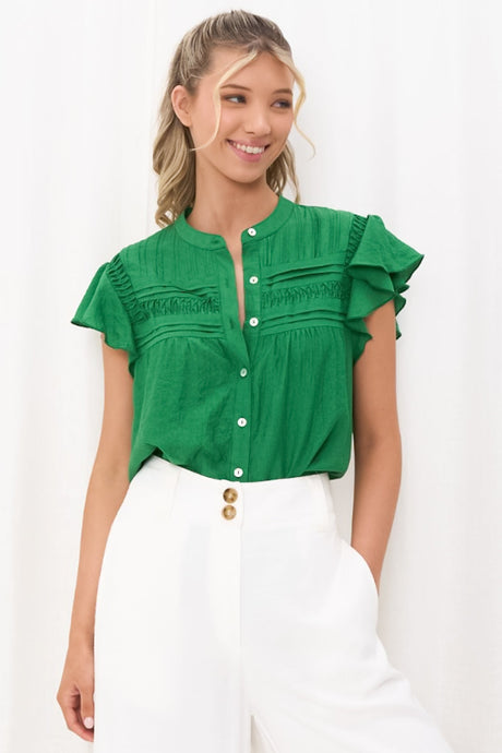 Helen Blouse - Ruffle Cap Sleeve Button Down Shirt in Green