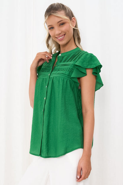 Helen Blouse - Ruffle Cap Sleeve Button Down Shirt in Green