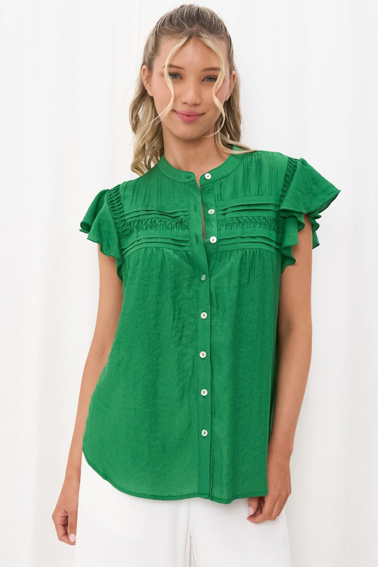 Helen Blouse - Ruffle Cap Sleeve Button Down Shirt in Green