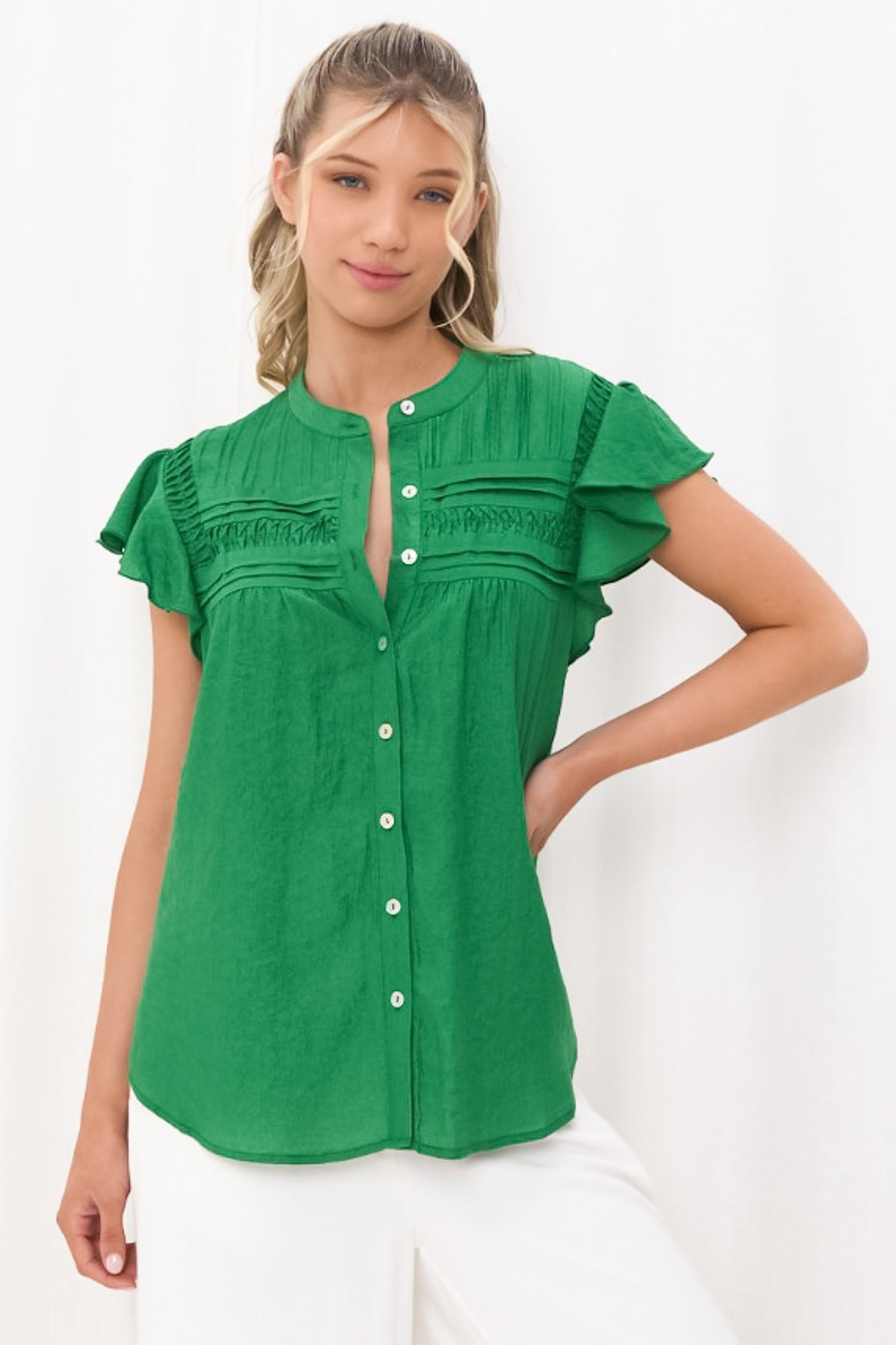 Helen Blouse - Ruffle Cap Sleeve Button Down Shirt in Green