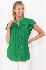 Helen Blouse - Ruffle Cap Sleeve Button Down Shirt in Green