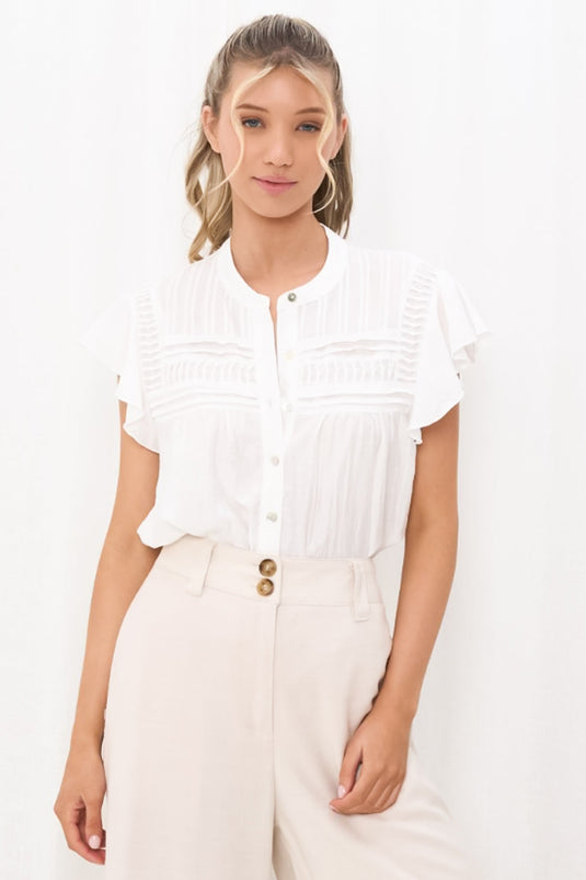 Helen Blouse - Ruffle Cap Sleeve Button Down Shirt in White