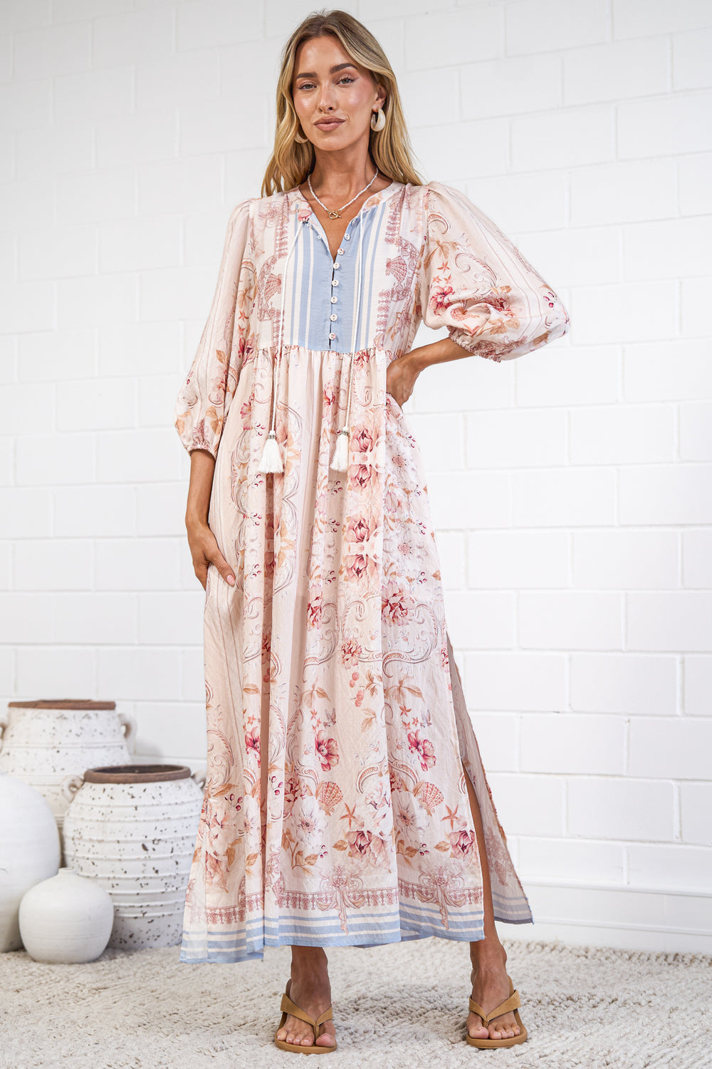 Helena Midi Dress -  Neck Tassel Tie Caftan Dress with 3/4 Sleeves in Cornelia Print