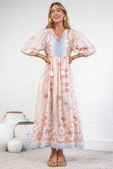 Helena Midi Dress -  Neck Tassel Tie Caftan Dress with 3/4 Sleeves in Cornelia Print