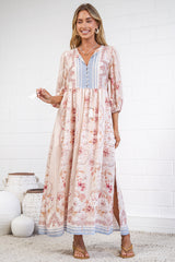 Helena Midi Dress -  Neck Tassel Tie Caftan Dress with 3/4 Sleeves in Cornelia Print