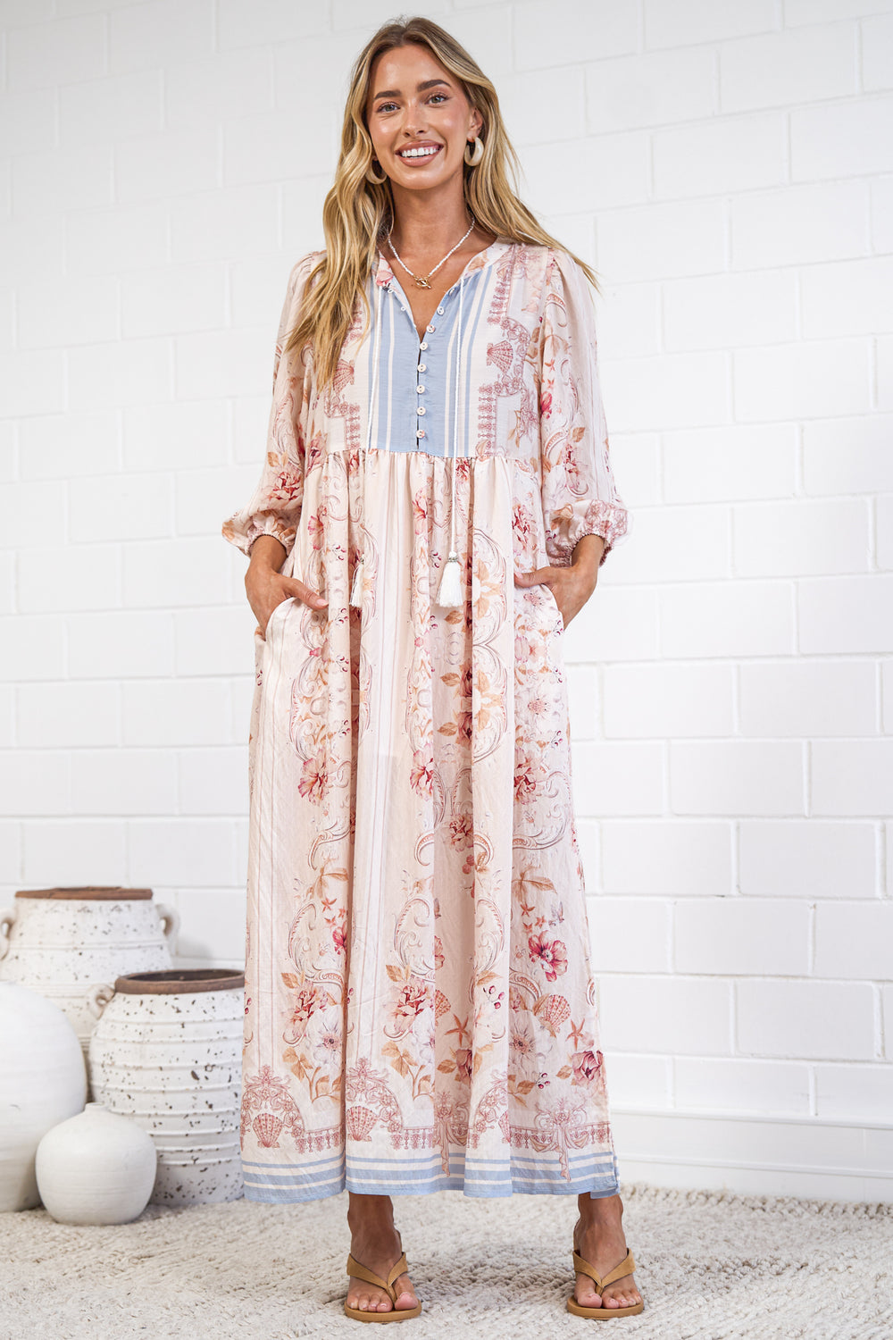 Helena Midi Dress -  Neck Tassel Tie Caftan Dress with 3/4 Sleeves in Cornelia Print
