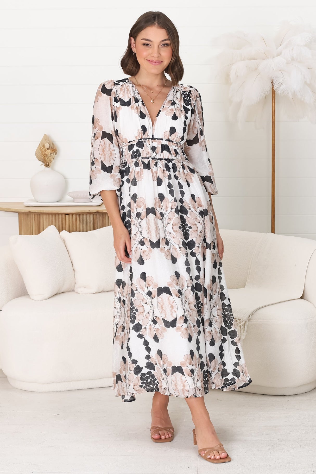 Helia Midi Dress - V Neck A Line Dress with Cinched Waist in Calea Print Beige