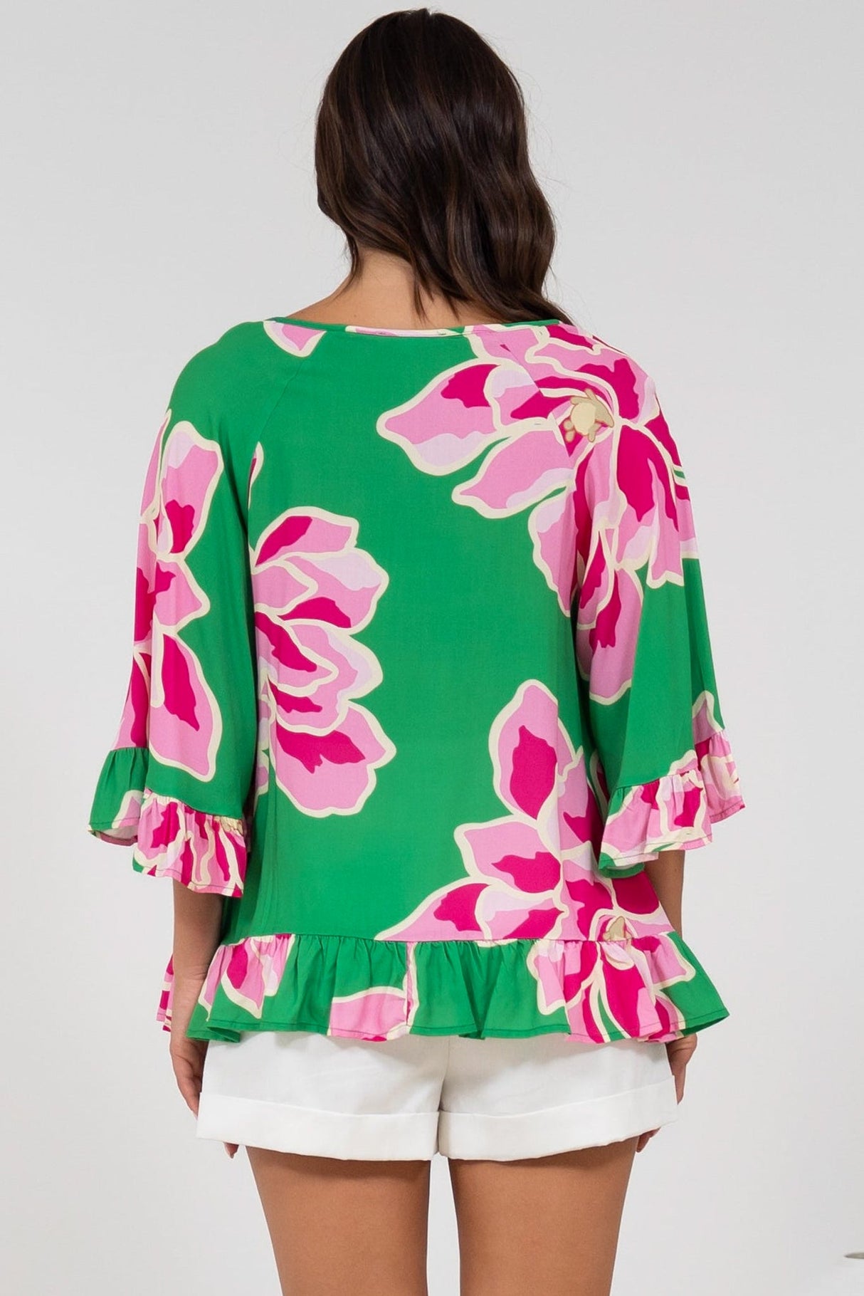Helia Top - V-Neck Smock Top with Bell Sleeves in Raine Print