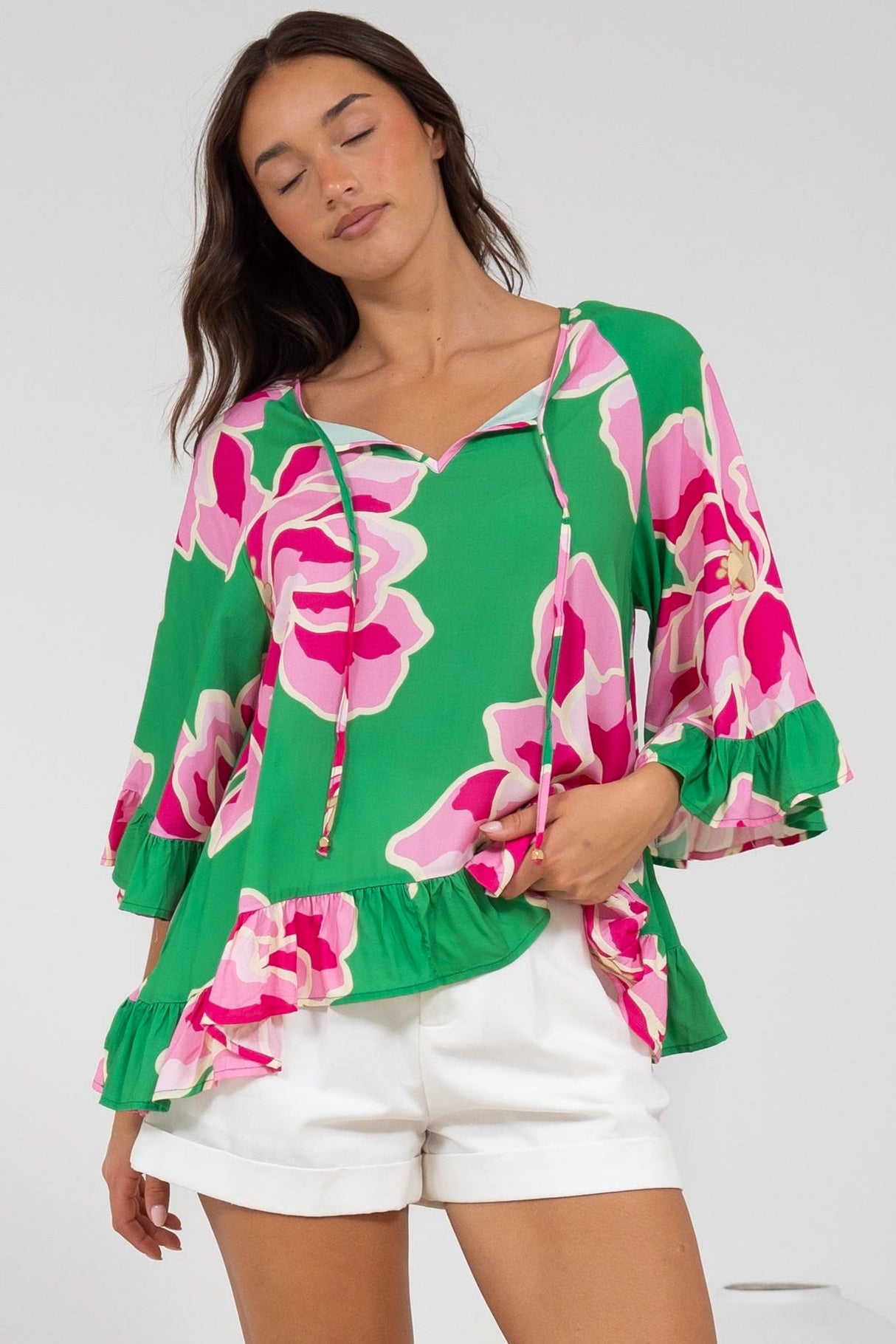 Helia Top - V-Neck Smock Top with Bell Sleeves in Raine Print
