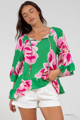 Helia Top - V-Neck Smock Top with Bell Sleeves in Raine Print